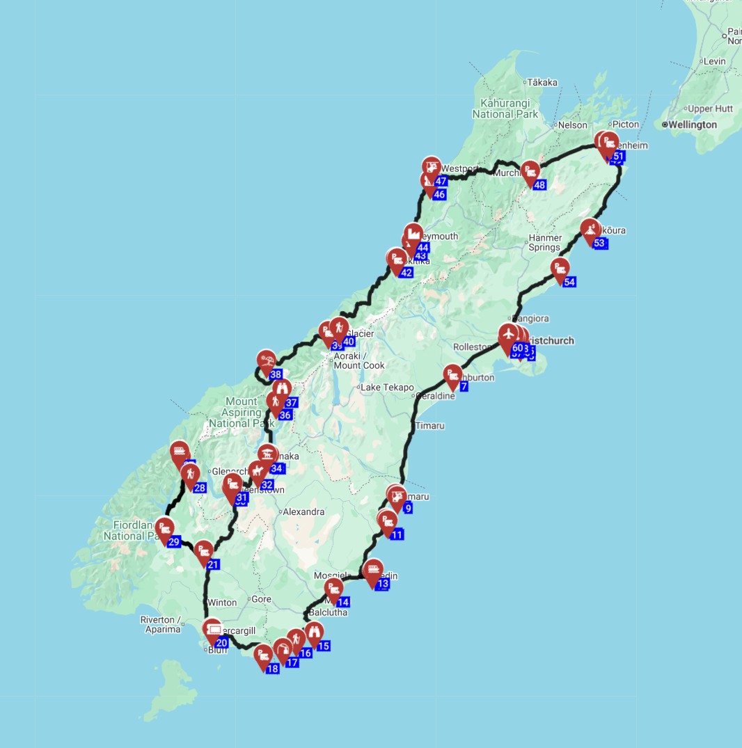 Map for חולמים על ניו זילנד הכנסו למדריך תכנון מסלול טיול קרוואנים באי הדרומי מקרייסטצרץ 18 ימים של טבע פראי הכל על מסלולים השכרת קרוואן ומוטורהום